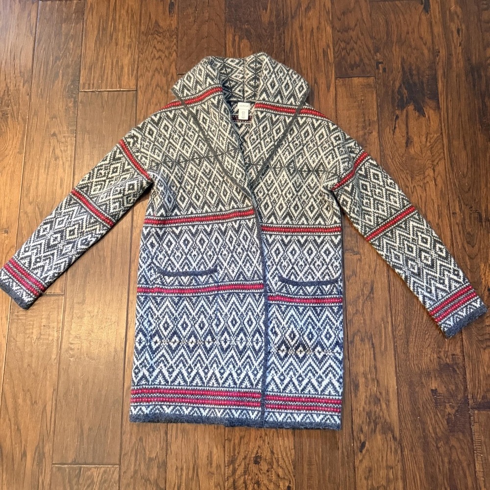 Aspen Cardigan Sweater Womens Small Gray Fair Isle Knit Open Front Long Pockets